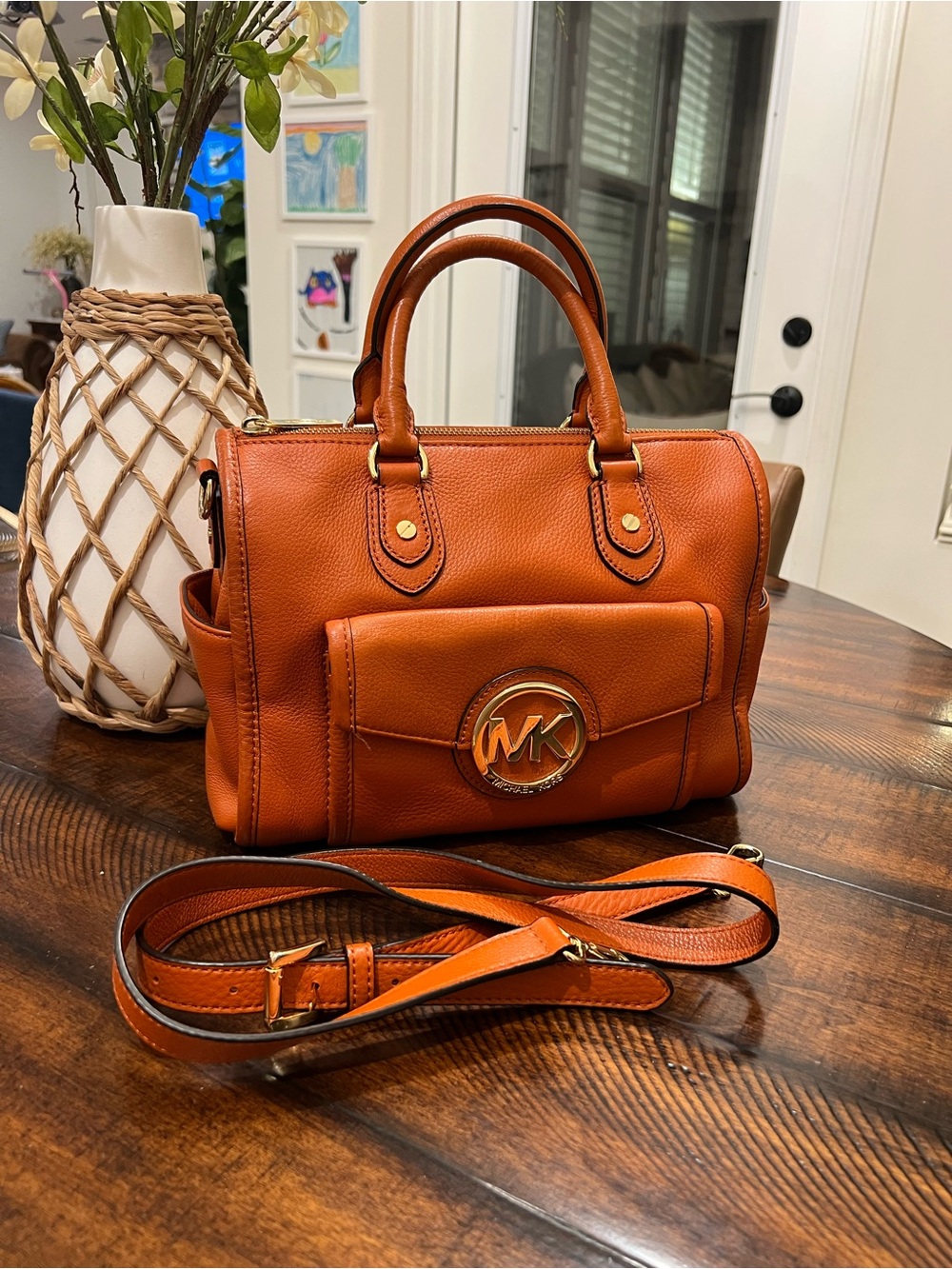 Michael Kors Fulton Satchel Orange Pebbled Leather w Gold Hardware